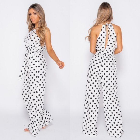 Pants - Polka Dot Sleeveless Open Back Wide Leg Jumpsuit